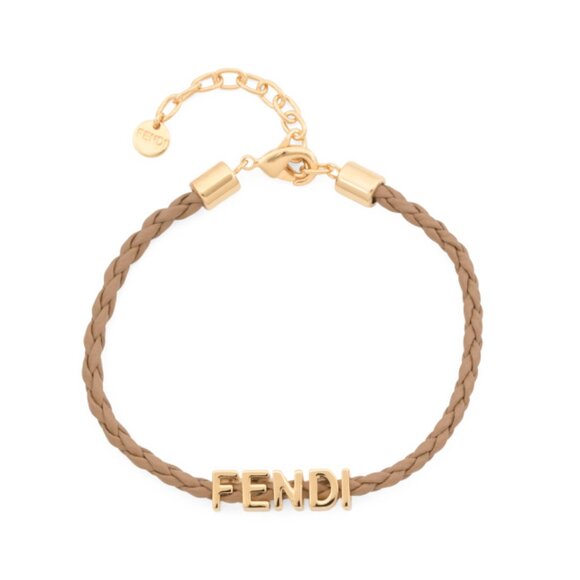 FENDI Gold Made In Italy Logo Beige Braided Leather Bracelet